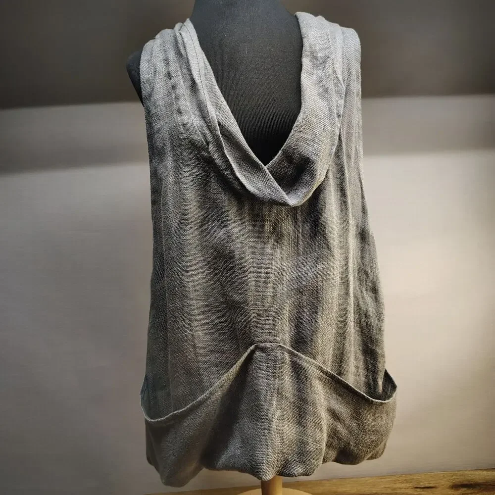 Free People 100% Linen Swing It Cowl Neck Tank Grey Waffle Knit Oversized Racerb